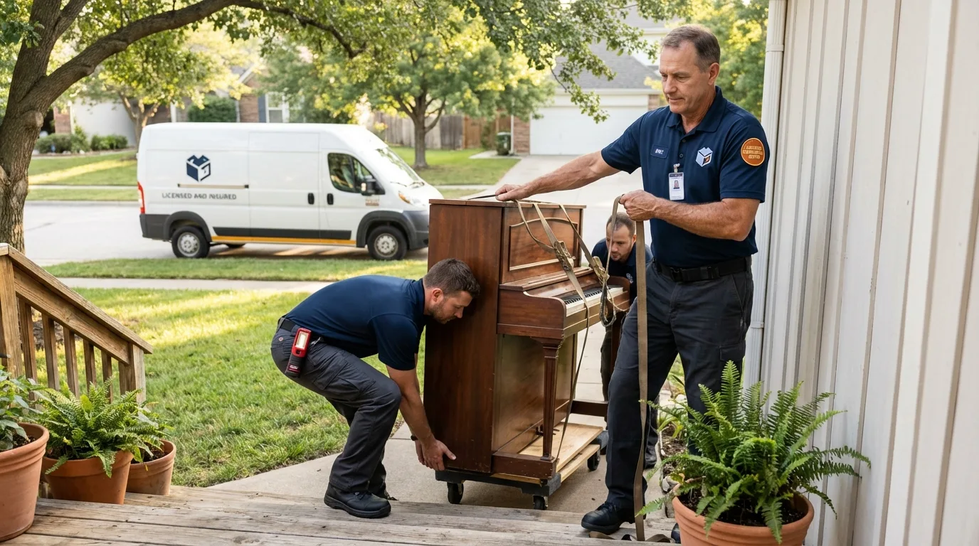 Licensed piano movers securing grand piano in Gravette, AR