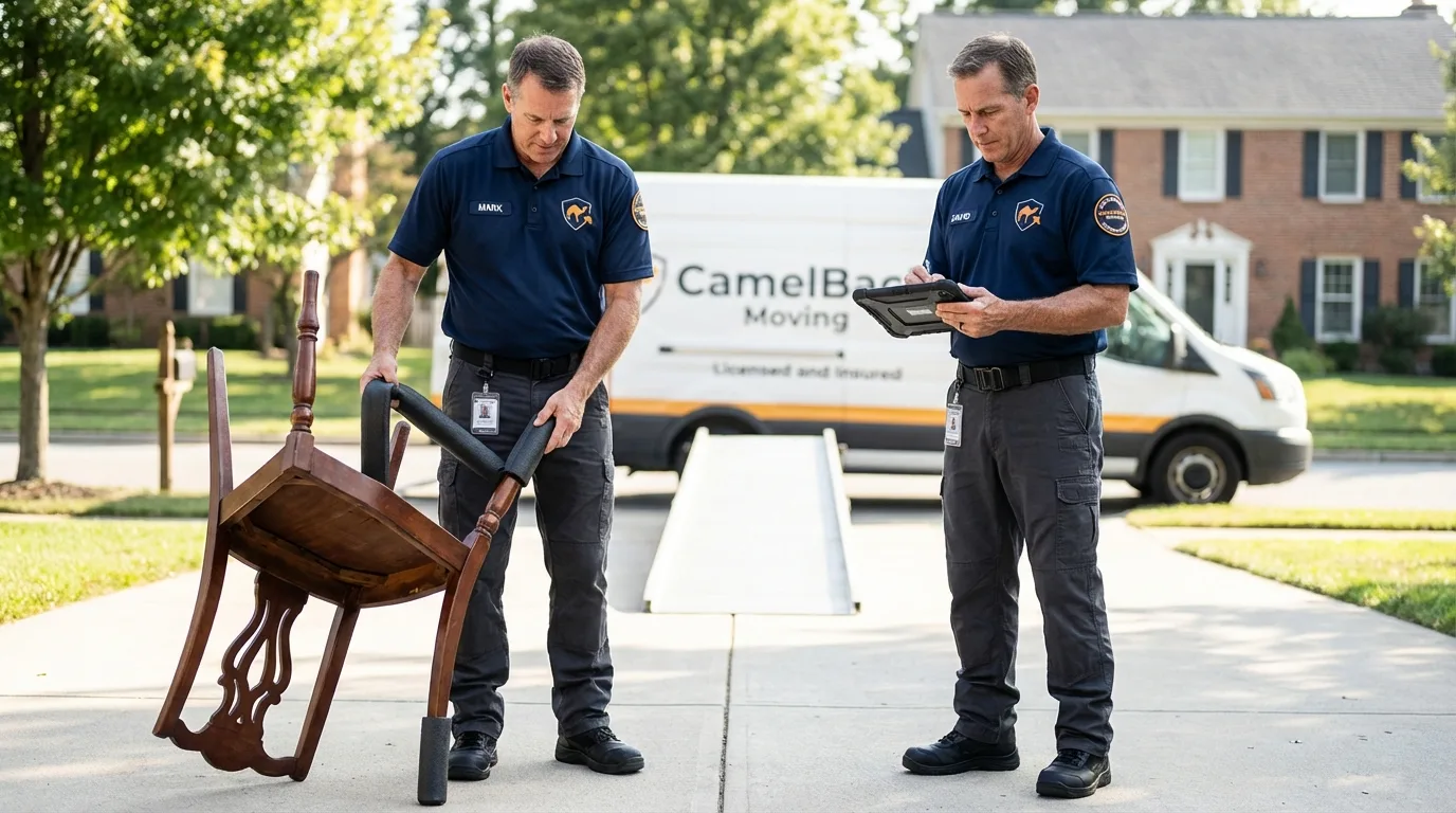 Movers inspecting furniture for damage prevention before loading in Gravette, AR